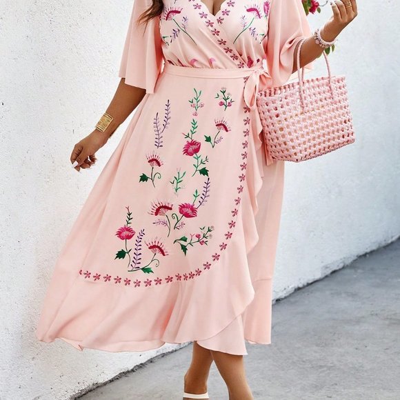 Pink Boho Women's Wrap Design Dress With Floral Print - Picture 4 of 5